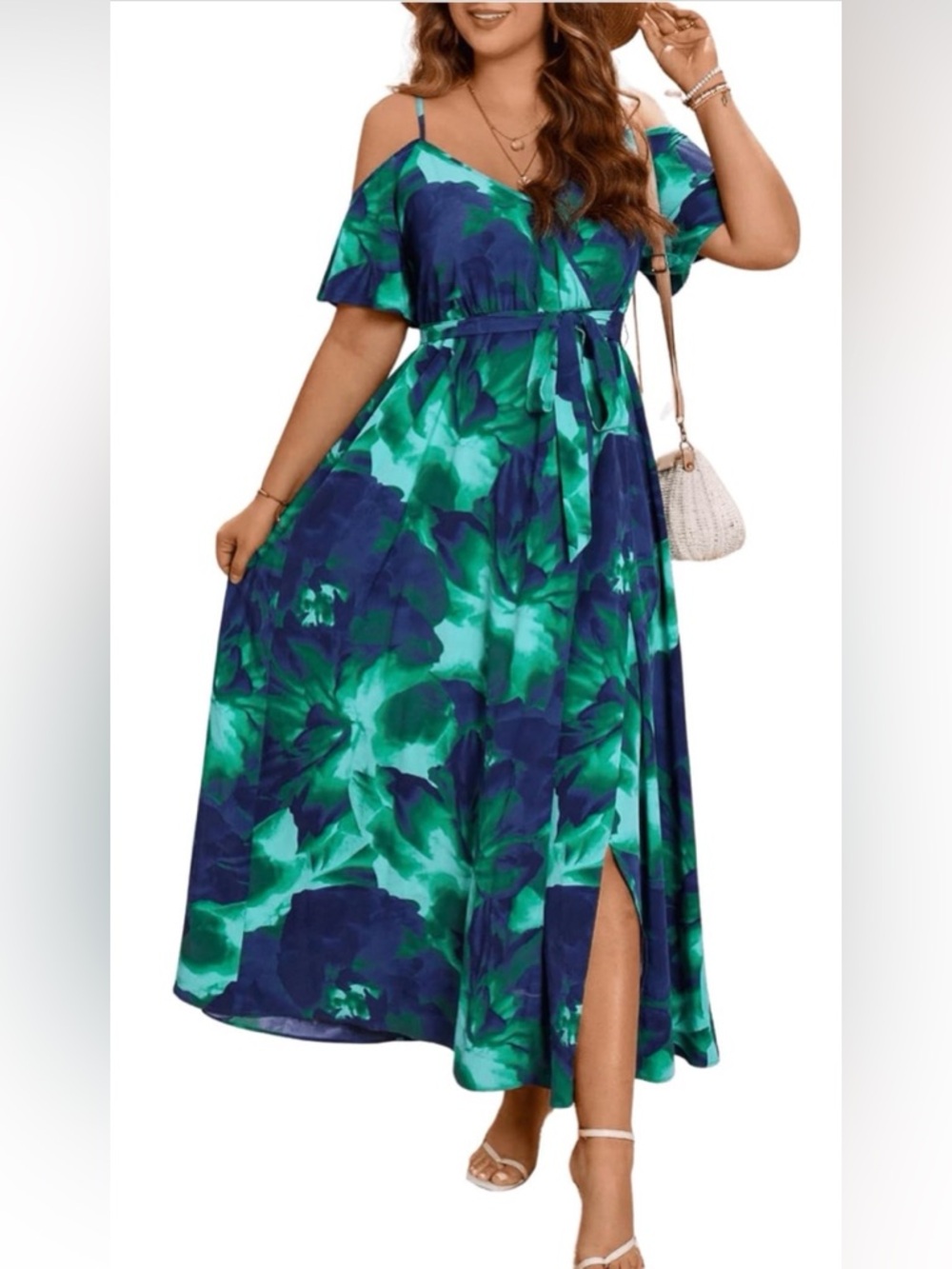 Floerns Women's Plus Size Cold Shoulder Short Sleeve Split Thigh Long Dress (3X)